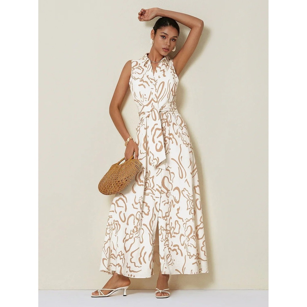 ADOR White Tan Abstract Floral Sleeveless Maxi Shirt Dress Belted Summer XL NWT